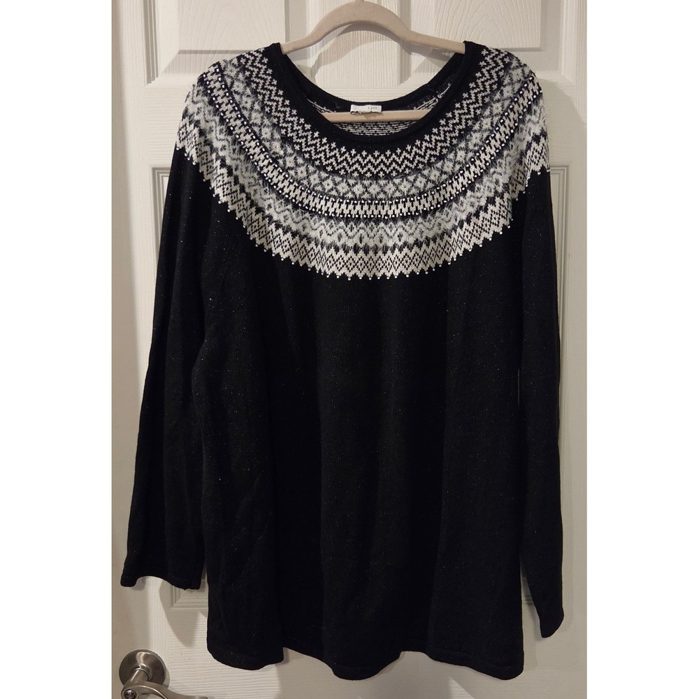 J.Jill Fair Isle Sweater 2X 3X Black Shimmer Bead Nordic Oversize Tunic sweater